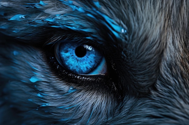 Ojo azul de un zorro Primer plano Primer plano tonificado de ojos de lobo azul súper brillantes detalle extremo generado por IA