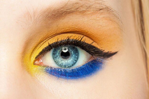 Ojo de cerca Ojo femenino con sombra de ojos y maquillaje de flecha de delineador de ojos negro de cerca