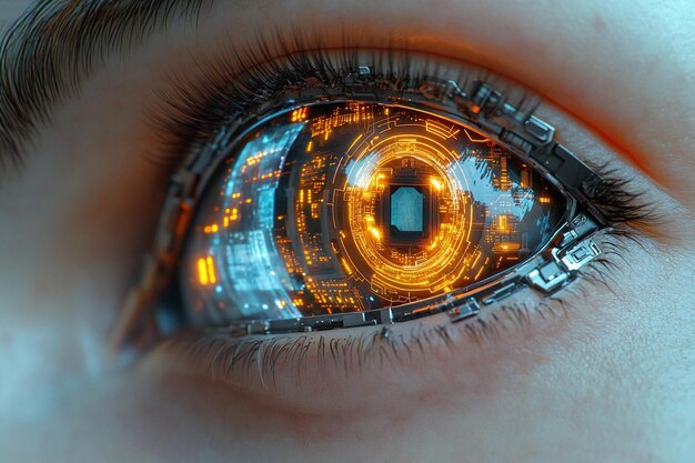 Ojo cibernético futurista con elementos digitales brillantes que reflejan la tecnología IA generativa
