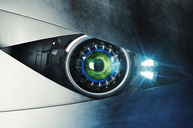 Ojo cibernético verde Tecnología y concepto electrónico Renderizado en 3D