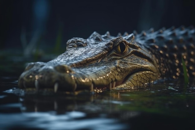 El ojo de cocodrilo se refleja en el agua