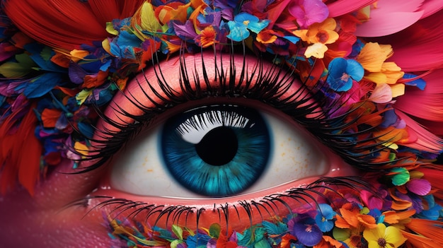 ojo de colores brillantes con flores en él ai generativo