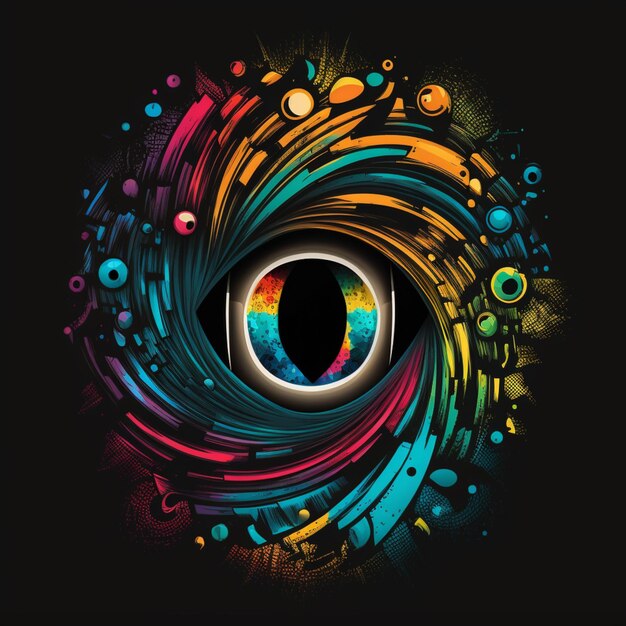 Foto ojo de colores brillantes con remolinos y puntos sobre un fondo negro ai generativo