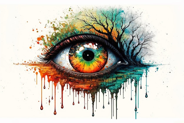 Un ojo colorido con un árbol en él.