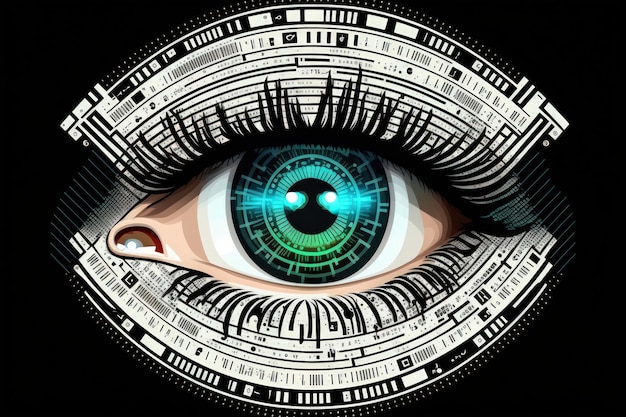 Foto ojo computarizado femenino en primer plano con concepto de escaneo de seguridad