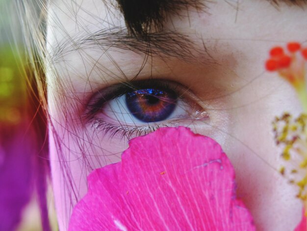 Foto ojo cortado de una persona por una flor rosa