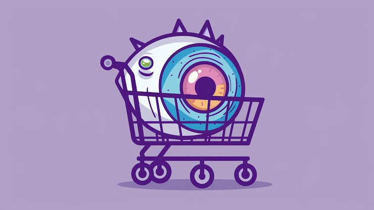 Foto un ojo de dibujos animados con un carrito de compras el globo ocular es azul y tiene un iris verde el carro de compras es púrpura el globo eye está sonriendo