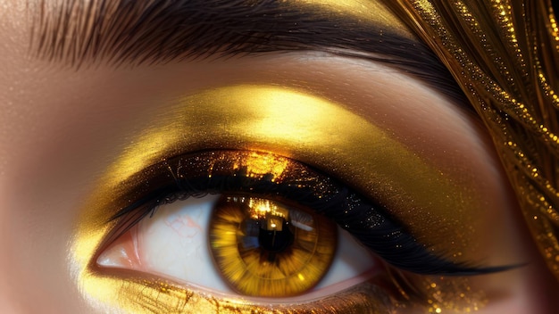 Un ojo dorado con pintura dorada y pintura dorada.
