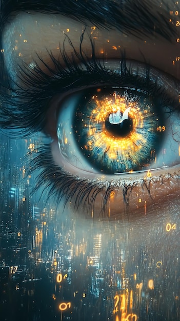 Ojo con elementos digitales que representan datos en el tiempo y el espacio Una mezcla de realismo y fantasía