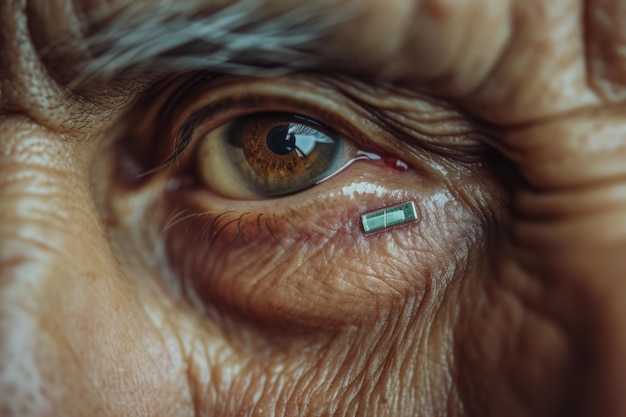 Ojo envejecido con un microchip debajo de la piel