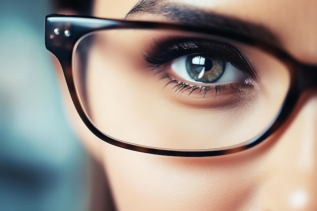 Ojo femenino con pestañas largas en anteojos Modelo en gafas Corrección de la visión