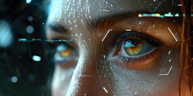 Un ojo femenino revela un ciberespacio digital futurista con tecnología avanzada Concepto cibernética tecnología futurista conexión humana inteligencia artificial mundo digital