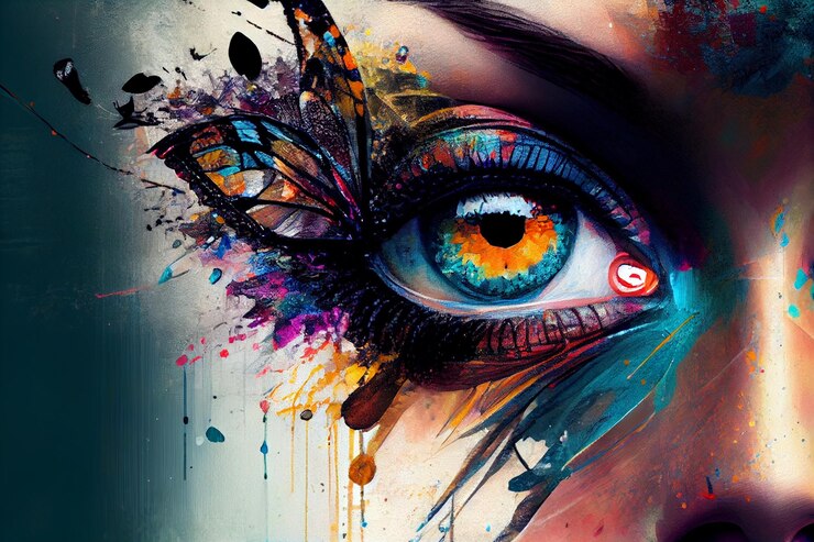 Ojo femenino técnica mixta con fondo abstracto de flores generativas ai