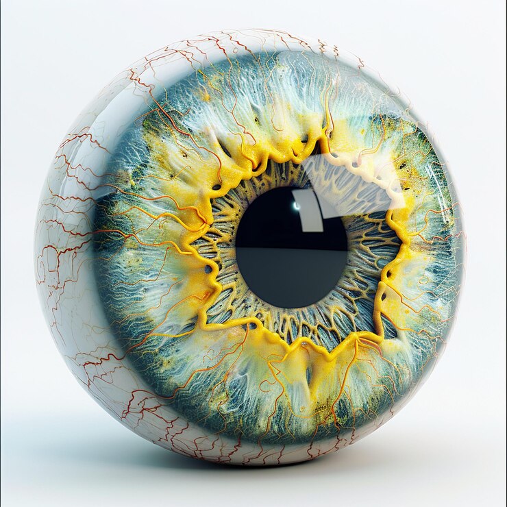 un ojo grande con un patrón amarillo y naranja en él