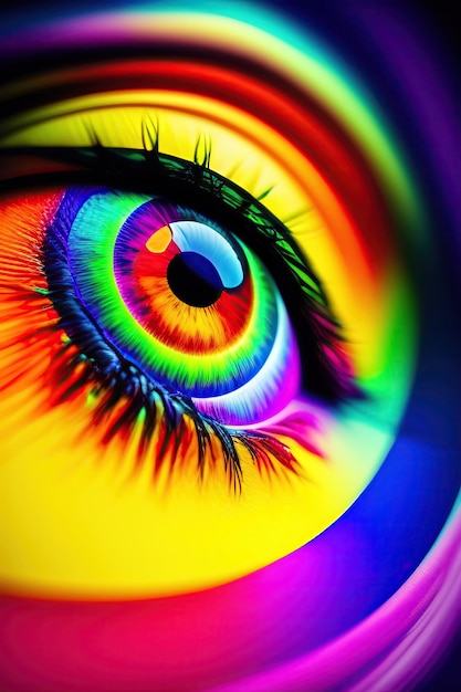 El ojo humano brillante con los colores del arco iris