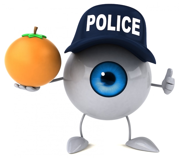 Ojo ilustrado en 3D con un sombrero de policía y sosteniendo una naranja