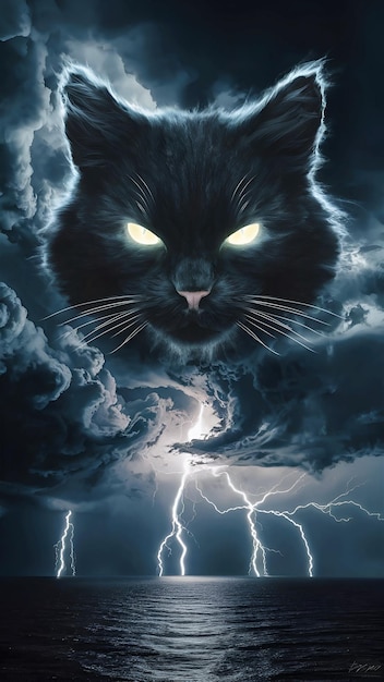 El ojo del iris del gato en un cielo oscuro y tormentoso cruje con la ilustración del relámpago