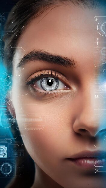 El ojo de la joven es de cerca el concepto de la nueva tecnología es el reconocimiento del iris