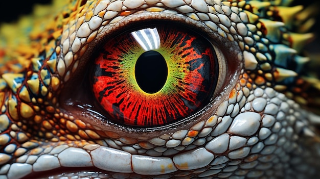 Ojo de lagarto con iris rojo y amarillo y fondo negro