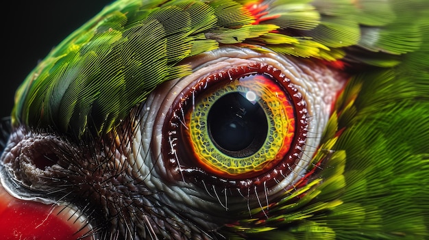 El ojo del loro mira de cerca el loro colorido