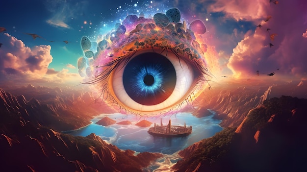 Ojo místico contemplando un barco en el universo arte surrealista y psicodélico inspirado en Cyril Rolando
