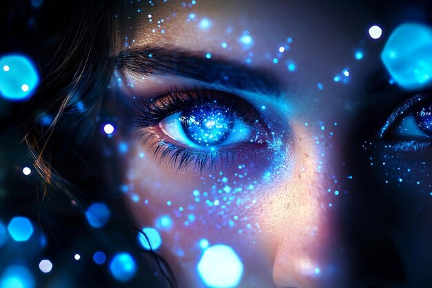 Ojo de mujer con brillo azul y bokeh