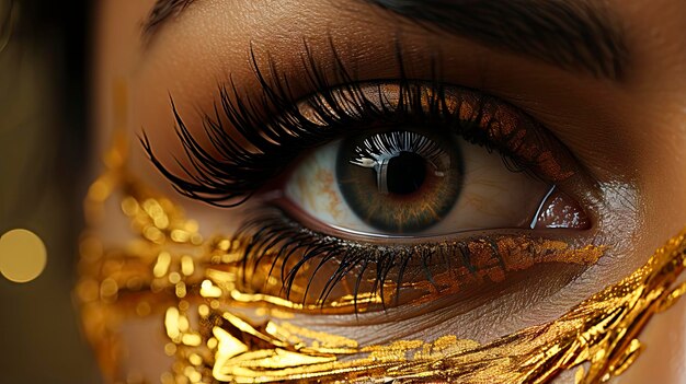 Foto un ojo de mujer con un brillo dorado alrededor de sus ojos.