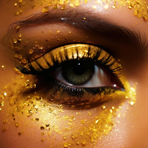 Foto ojo de mujer de cerca con maquillaje de brillo dorado