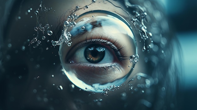 Foto ojo de mujer detrás de una burbuja de agua