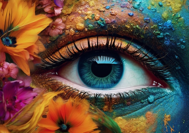 El ojo de una mujer está cubierto de flores y tiene un ojo azul.