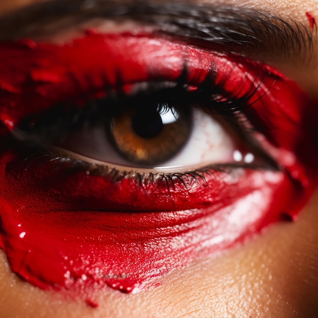 El ojo de una mujer está cubierto de sangre y tiene pintura roja en el ojo.