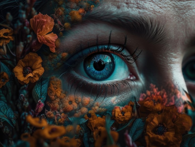 el ojo de una mujer con flores y un ojo azul