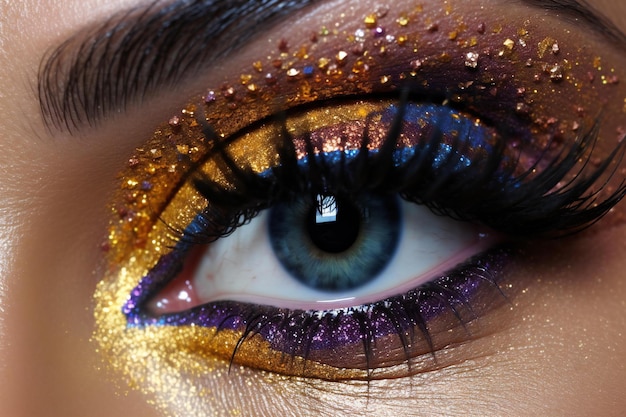 Foto el ojo de una mujer hermosa con maquillaje brillante y chispas