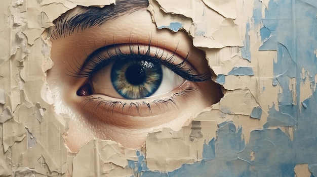 Ojo de mujer mirando a través de un agujero rasgado en papel vintage colores azul y beige mural