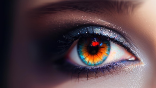 El ojo de una mujer con un ojo azul y un ojo azul con una sombra de ojos roja.