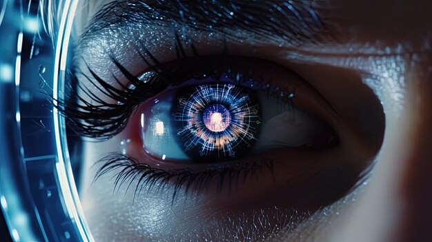 un ojo de mujer con un ojo azul y un ojo negro con una luz azul en el medio