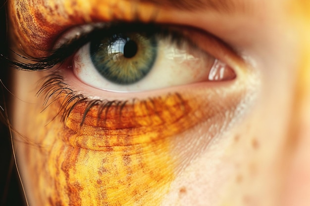 Foto el ojo de una mujer con un ojo verde y un parche marrón.