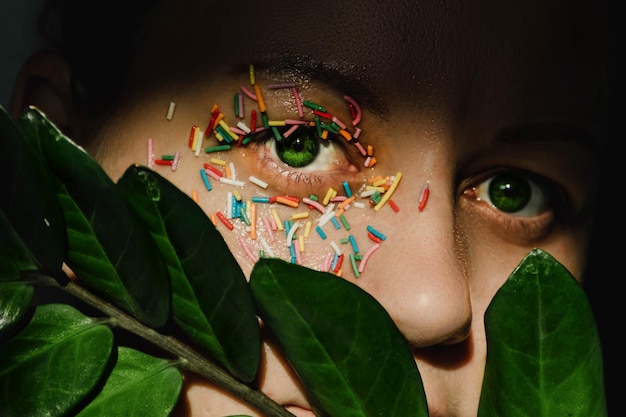 Un ojo de mujer verde abierto con un dulce rocío multicolor en el párpado y una planta con grandes hojas verdes