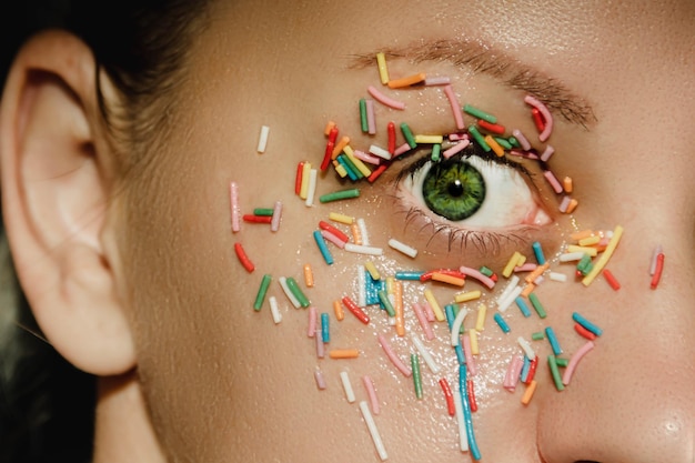 Foto un ojo de mujer verde abierto con un dulce toque multicolor en el párpado alrededor del ojo