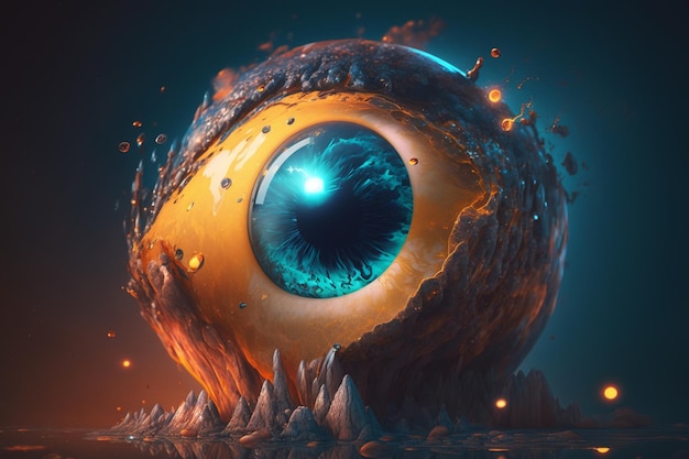 Un ojo con un ojo azul y un fondo naranja.