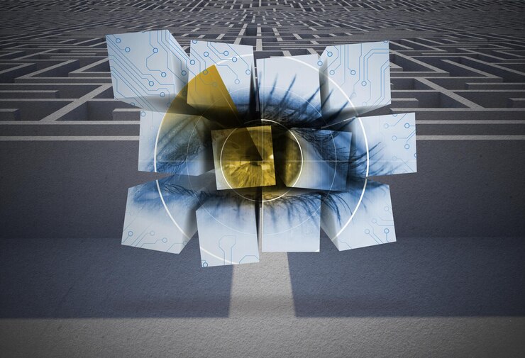 Foto ojo en la pantalla abstracta contra la entrada al rompecabezas de laberinto difícil