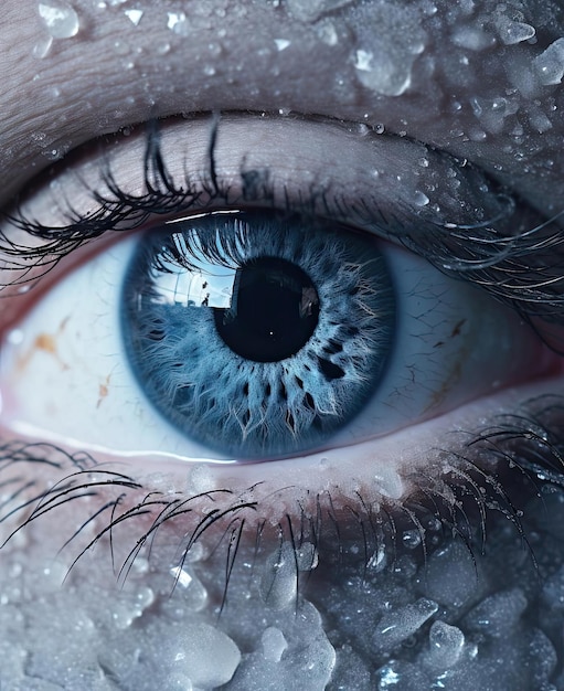 el ojo de una persona está cubierto de nieve y hielo al estilo de fantasías fotorrealistas