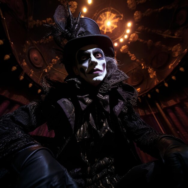 Ojo de pez de un actor en traje gótico en un escenario de teatro