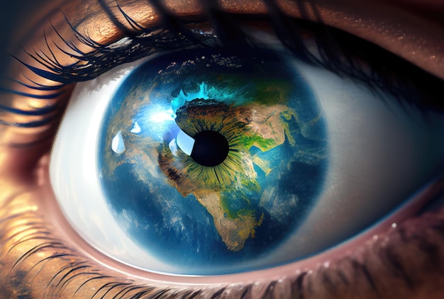 Ojo de primer plano con el reflejo de la tierra Día de la tierra y concepto del día mundial del agua Tema de observación ambiental IA generativa