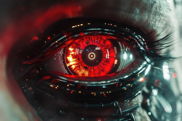 Un ojo robot con un iris rojo y una línea de escaneo