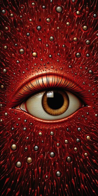 un ojo rojo con cuentas de plata en los ojos