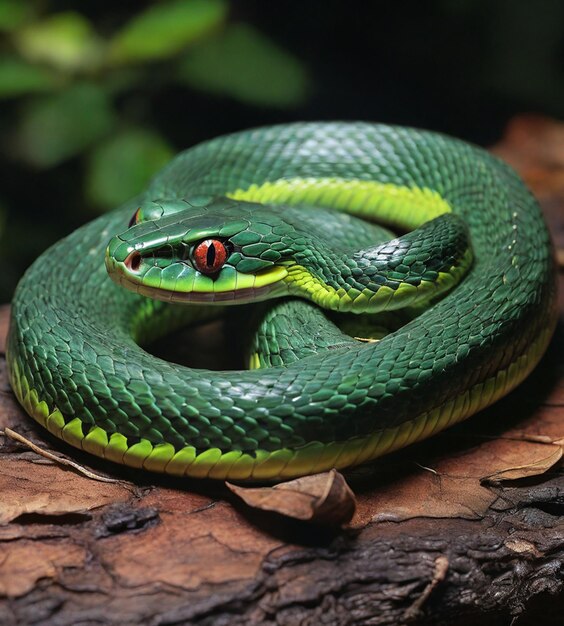 Un ojo rojo de serpiente verde está en una rama en el fondo natural alrededor del bosque