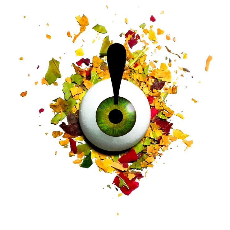 Ojo con un signo de exclamación como pupila y pedazos de hojas secas de árboles