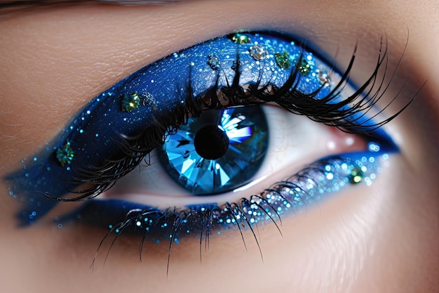 Ojo con sombras de maquillaje azul y brillo AI generativa