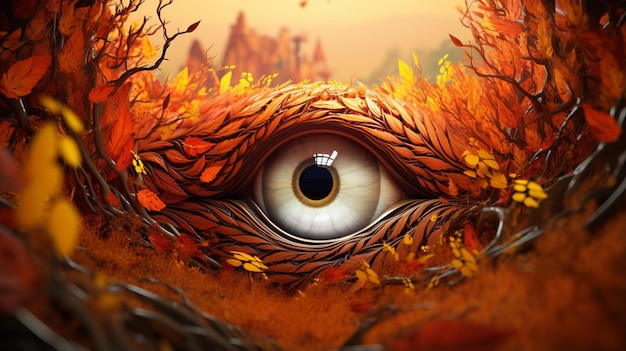 Ojo surrealista de otro mundo fusionándose con el follaje de otoño vibrante borrando la línea entre la realidad